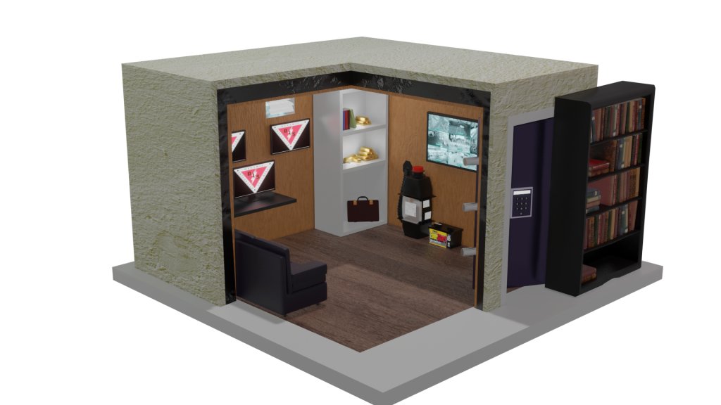 Cutaway rendering of a residential safe room with a vault door hidden behind a bookcase